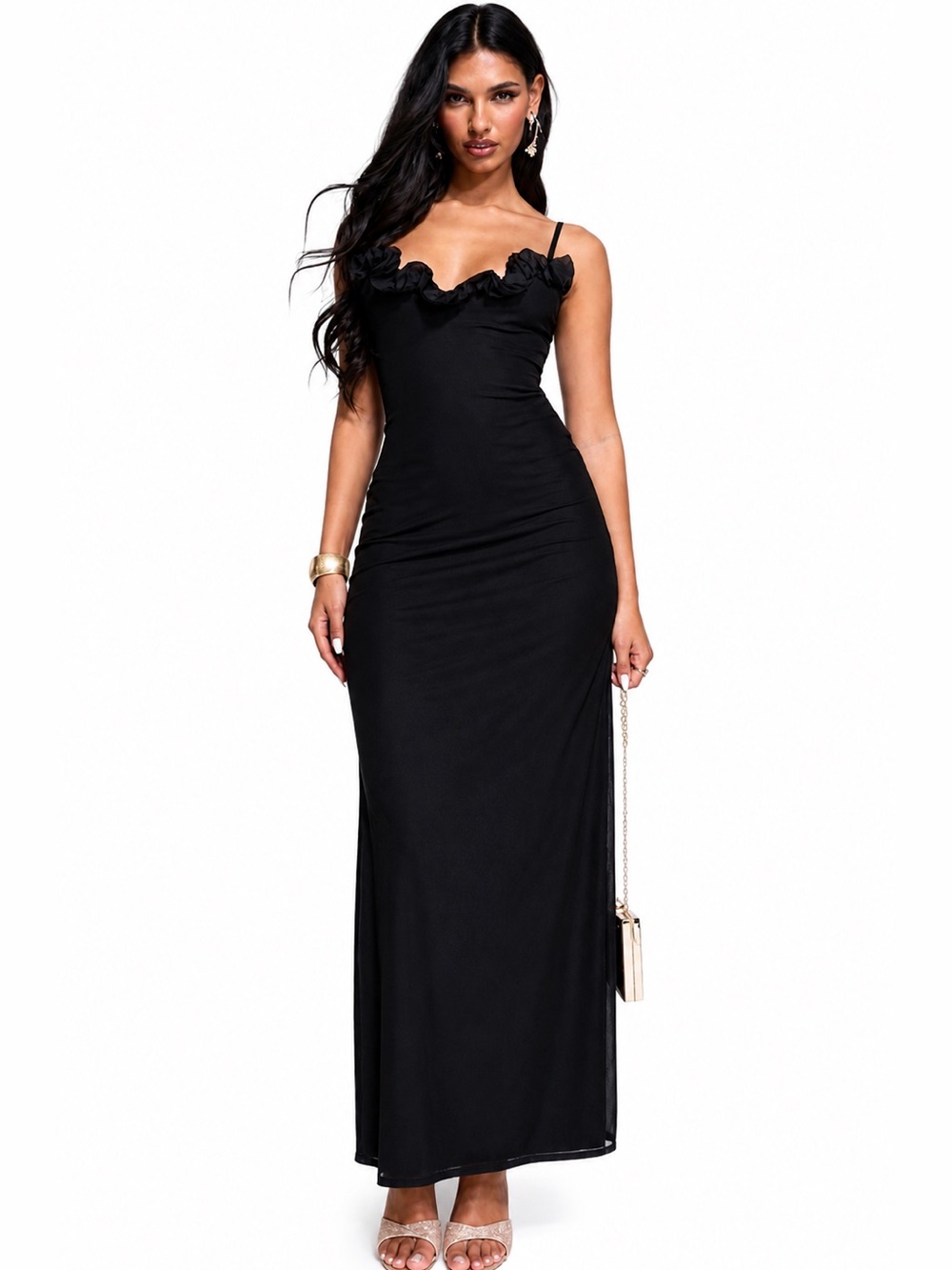 NWOT Waterfall Corsage Trim Black Ruffle Neck Spaghetti Strap Maxi Dress Small
